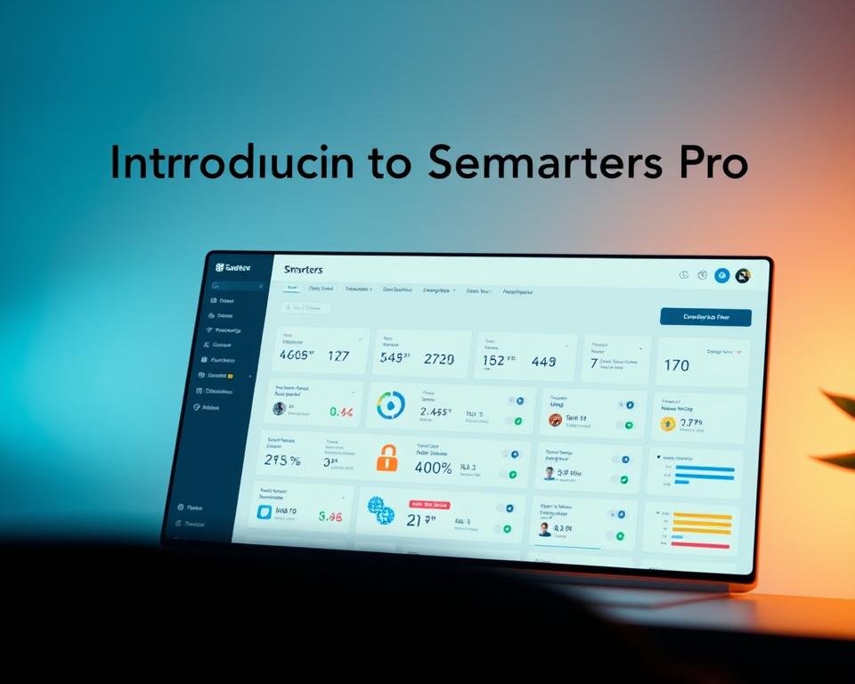 A sleek, modern user interface for Smarters Pro, a powerful application. In the foreground, the main dashboard displays a clean grid layout with intuitive icons and widgets, bathed in warm, subtle lighting. The middle ground features a left-hand sidebar with neatly organized menus and settings, while the background showcases a soft, blurred gradient in calming shades of blue and gray. The overall aesthetic conveys a sense of professionalism, efficiency, and user-friendliness, perfectly capturing the essence of the "Introduction to Smarters Pro" section.