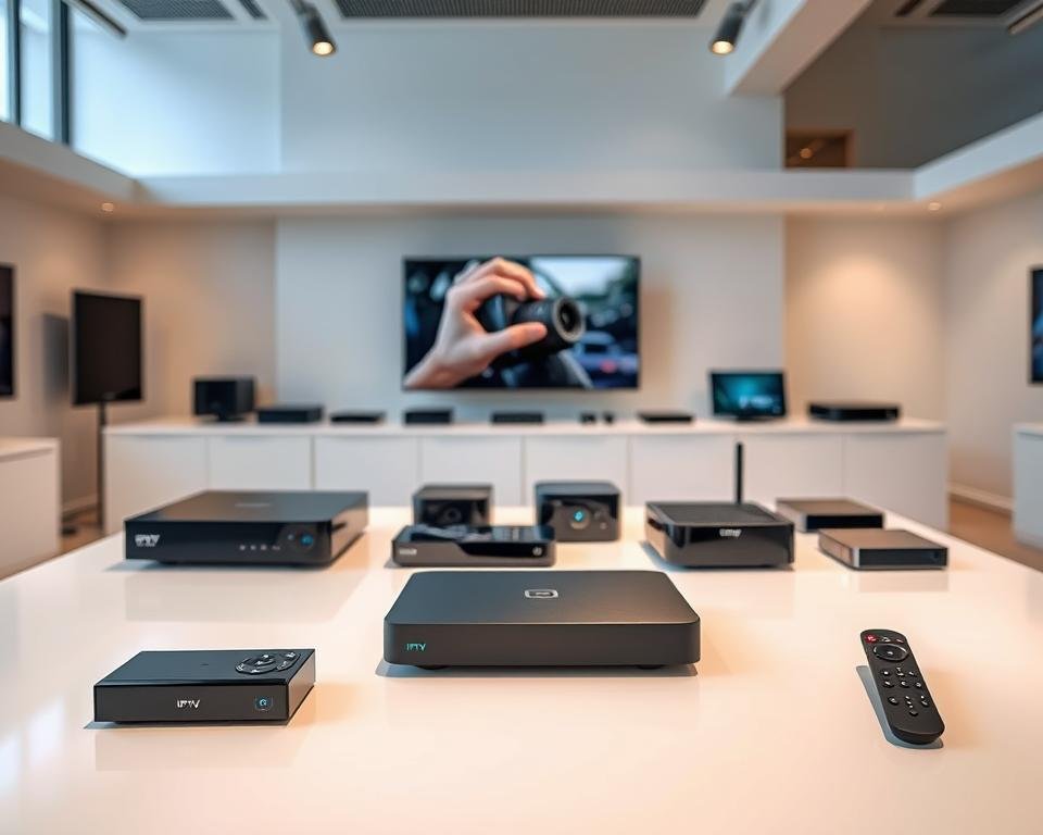 A sleek, well-lit showroom displaying an array of modern multimedia players, highlighting their distinct designs and features. In the foreground, the latest IPTV smart player stands out with its minimalist aesthetic and intuitive interface, inviting comparison to the various streaming devices and set-top boxes arranged around it. The middle ground showcases the unique capabilities and connectivity options of each player, while the background sets the scene with a clean, contemporary ambiance, allowing the products to shine. Subtle lighting and a neutral color palette create a professional, informative atmosphere, guiding the viewer's attention to the subtle differences and comparative advantages of these versatile media solutions.