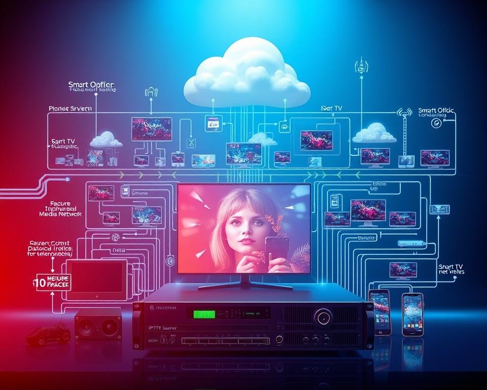 A vibrant and detailed technical diagram showcasing the inner workings of an IPTV system. The foreground depicts the core components - a high-performance media server, a secure content delivery network, and advanced protocol converters. The middle ground features various client devices, from smart TVs to mobile phones, seamlessly integrated with the IPTV infrastructure. The background highlights the underlying network architecture, with fiber optic cables, wireless routers, and cloud-based services enabling the seamless distribution of live and on-demand content. The lighting is crisp and well-defined, highlighting the technological complexity and precision of the IPTV ecosystem. The overall composition conveys a sense of efficiency, connectivity, and the future of television viewing.