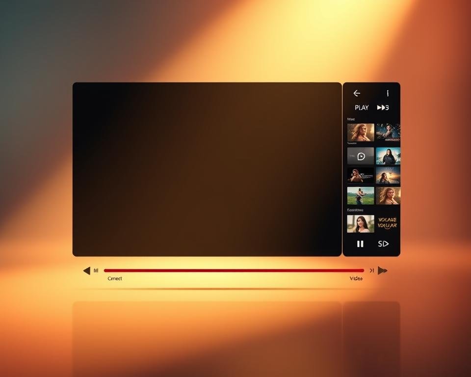 A visually stunning video player interface, with a clean and modern design. The foreground features a large video display area, surrounded by a minimalist control panel with intuitive buttons for play, pause, volume, and scrubbing. In the middle ground, a sleek sidebar showcases a collection of video thumbnails, allowing for easy navigation. The background is a subtle gradient, creating a sense of depth and highlighting the interface's elegant simplicity. Soft, warm lighting illuminates the scene, creating a welcoming and user-friendly atmosphere. High-quality textures and materials convey a premium, state-of-the-art experience, perfect for a video player application.