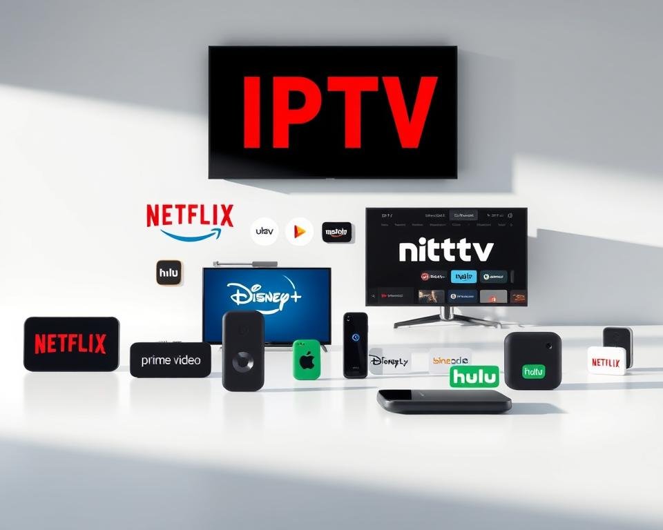Detailed digital illustration of various IPTV compatible applications, showcased on a clean, minimalist background. Prominently featured in the foreground are the logos and icons of popular streaming services like Netflix, Amazon Prime Video, Disney+, Hulu, and others. The middle ground depicts mobile devices and smart TVs, highlighting the versatility of these IPTV solutions. Soft, directional lighting accentuates the sleek, modern aesthetic, creating a sense of professionalism and technical sophistication. The overall composition conveys the breadth of IPTV compatibility, catering to a wide range of user devices and preferences. Detailed digital illustration of various IPTV compatible applications, showcased on a clean, minimalist background. Prominently featured in the foreground are the logos and icons of popular streaming services like Netflix, Amazon Prime Video, Disney+, Hulu, and others. The middle ground depicts mobile devices and smart TVs, highlighting the versatility of these IPTV solutions. Soft, directional lighting accentuates the sleek, modern aesthetic, creating a sense of professionalism and technical sophistication. The overall composition conveys the breadth of IPTV compatibility, catering to a wide range of user devices and preferences.