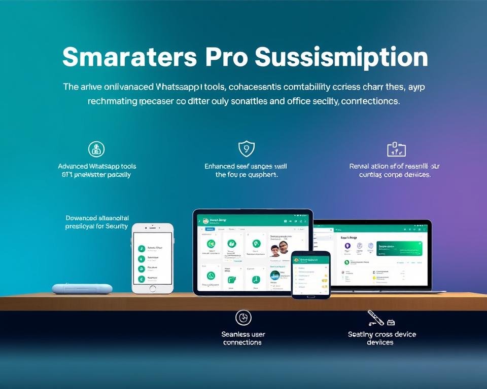 Detailed illustration of the advantages of Smarters Pro subscription, featuring a sleek, modern layout with minimalist icons and vibrant colors. The foreground showcases key features like advanced WhatsApp tools, enhanced security, and seamless cross-device connectivity. The middle ground highlights the intuitive user interface and customizable settings, while the background subtly suggests the app's versatility across devices. Crisp, high-resolution rendering with balanced lighting and a polished, professional aesthetic to match the premium service offering.