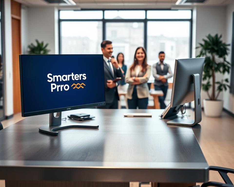 Prompt A professional, clean-cut office setting with a modern, minimalist aesthetic. In the foreground, a sleek, brushed aluminum desk with a high-end computer setup featuring the Smarters Pro logo prominently displayed on the monitor. The desk is neatly arranged with office supplies and a stylized, backlit Smarters Pro logo. In the middle ground, a team of friendly, attentive customer service representatives in business casual attire, ready to assist clients. The background is a warm, inviting space with large windows allowing natural light to filter in, creating a sense of openness and professionalism. The overall mood is one of efficiency, reliability, and exceptional customer support.